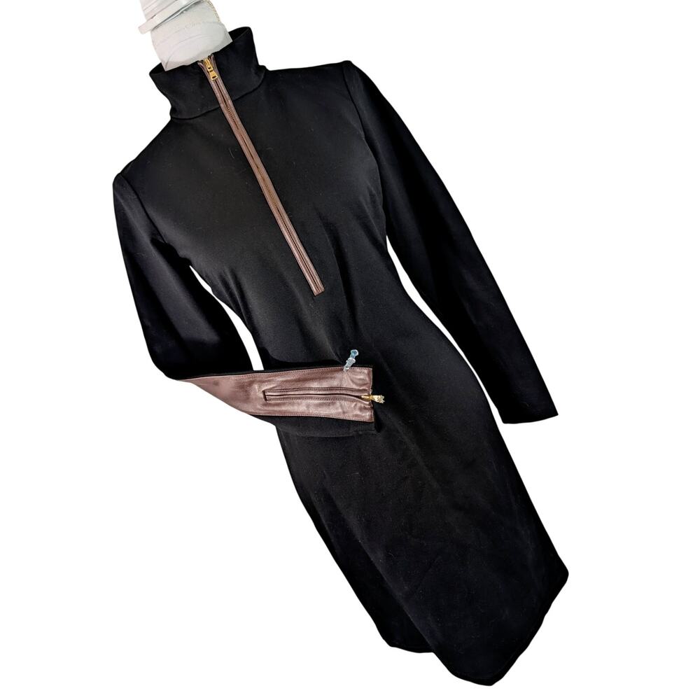 NWT@80! LAUREN BY RALPH LAUREN!BLACK STRETCH & LEATHER LONG SLEEVE DRESS! 4